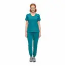 Wholesale women's teal v-neck scrub top and jogger pants set with short sleeves