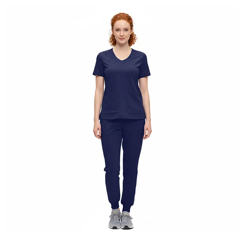 Wholesale women's navy v-neck t-shirt and jogger pants set with short sleeves