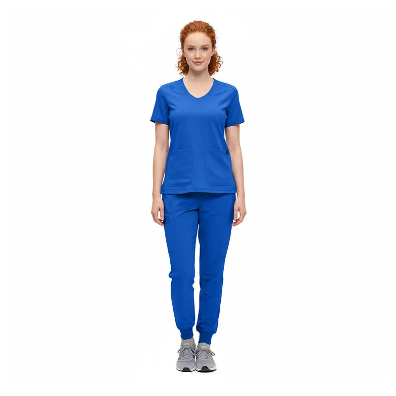 Wholesale women's blue v-neck scrub top and jogger pants set with pockets