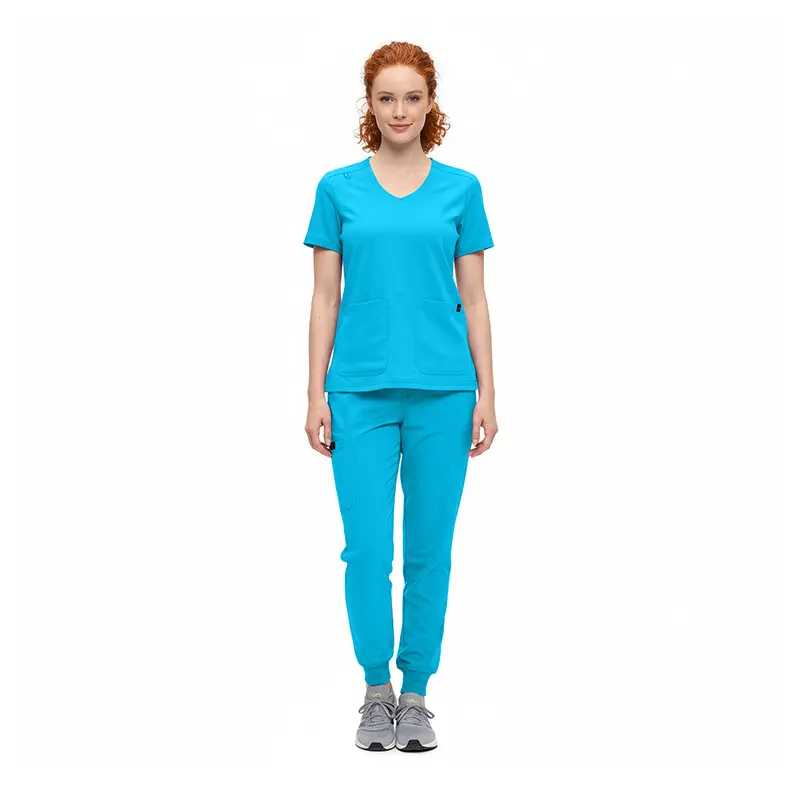 Wholesale women's turquoise v-neck scrub top and jogger pants set