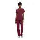 Wholesale women's burgundy scrub top and pants set with v-neckline and pockets