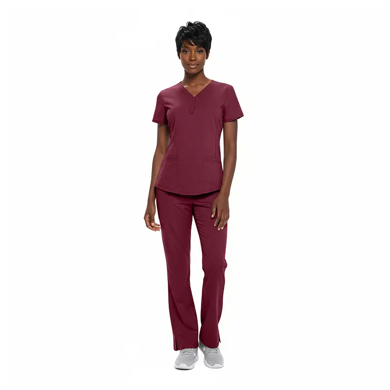 Wholesale women's burgundy scrub top and pants set with v-neckline and pockets