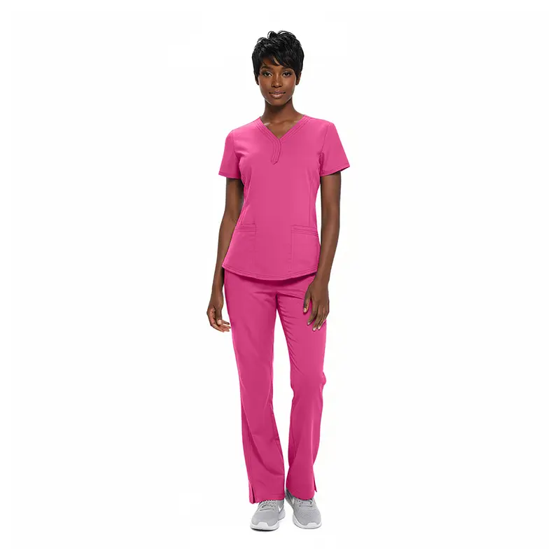 Wholesale women's hot pink v-neck scrub top and pants set with short sleeves and front pockets