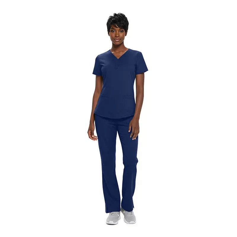 Wholesale women's navy blue v-neck scrub top and pants set with short sleeves