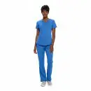 Wholesale women's blue v-neck scrub top and pants set with short sleeves and pockets