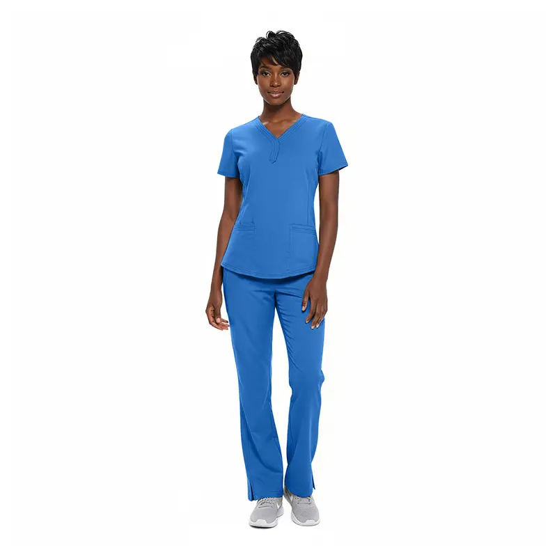 Wholesale women's blue v-neck scrub top and pants set with short sleeves and pockets