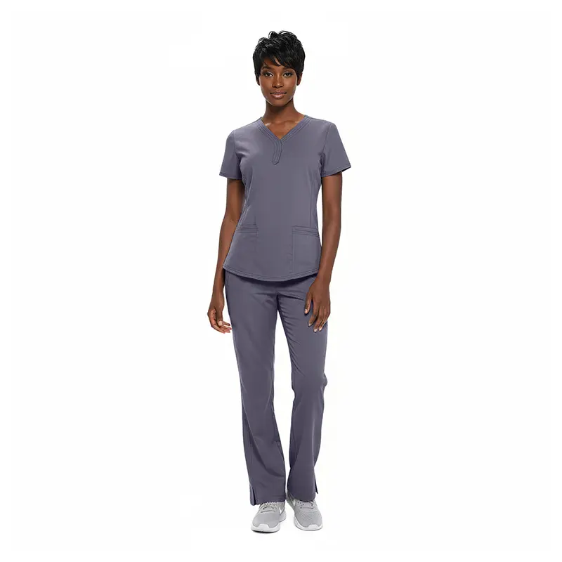 Wholesale women's gray v-neck scrub top and pants set with short sleeves and front pockets