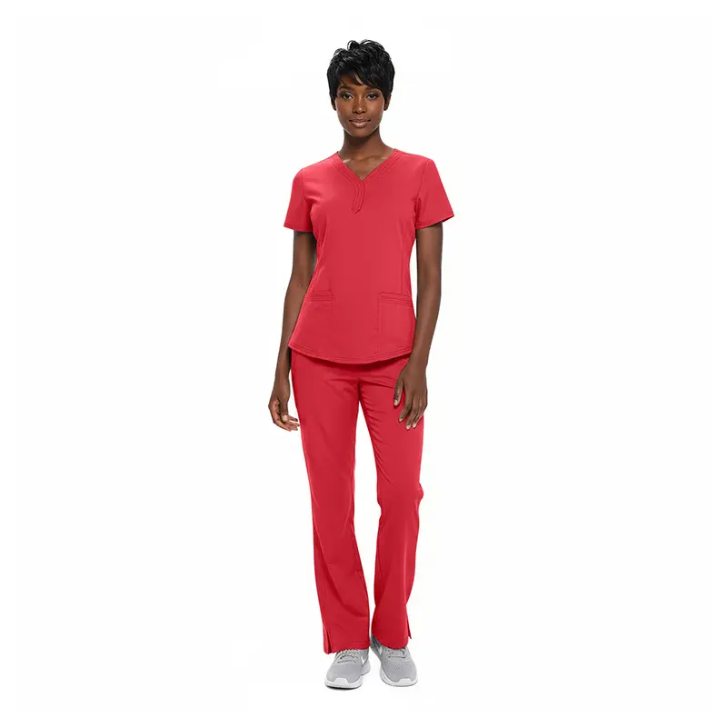 Wholesale women's red scrub set with short-sleeve top and straight-leg pants