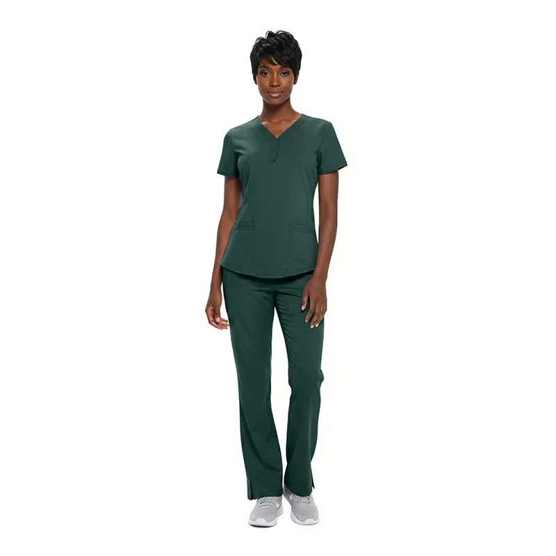 Wholesale women's teal v-neck scrub top and pants set with short sleeves and front pockets