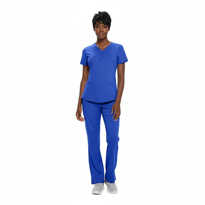 Wholesale women's blue v-neck scrub top and pants set with short sleeves and pockets