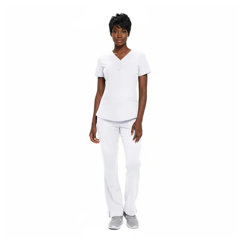 Wholesale women's white v-neck scrub top and pants set with short sleeves