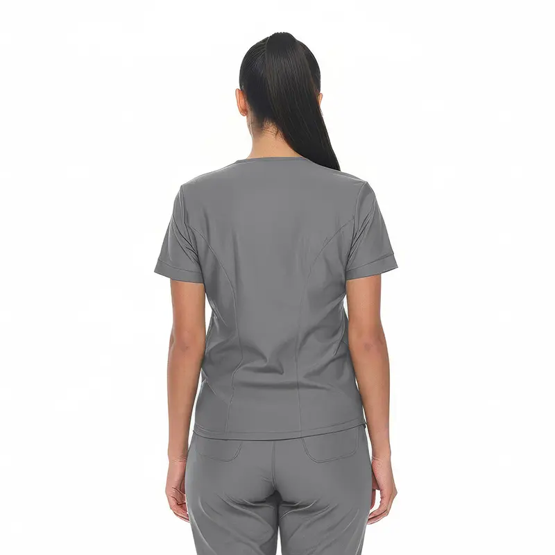 Wholesale women's gray short-sleeve scrub top, back view