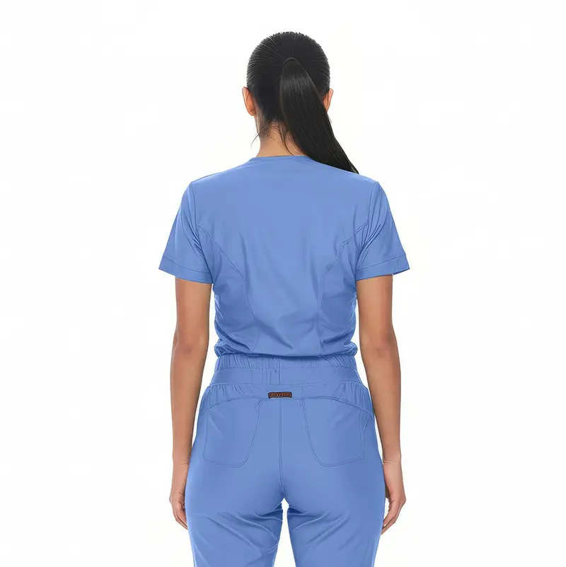 Wholesale women's blue scrubs set with short sleeve top and pants with pockets, back view