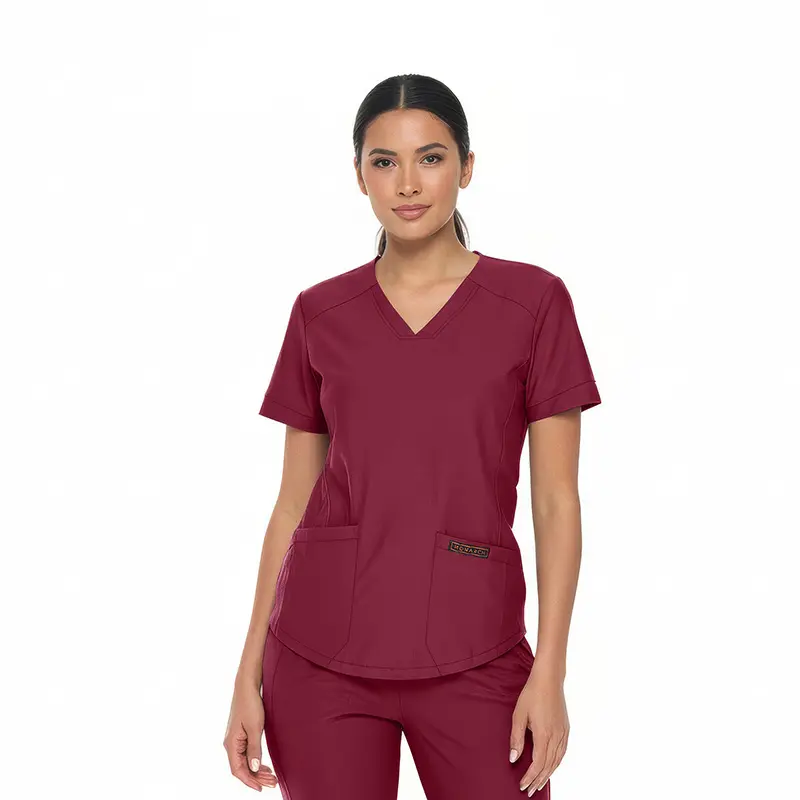 Wholesale women's burgundy scrub top with v-neckline and front pockets