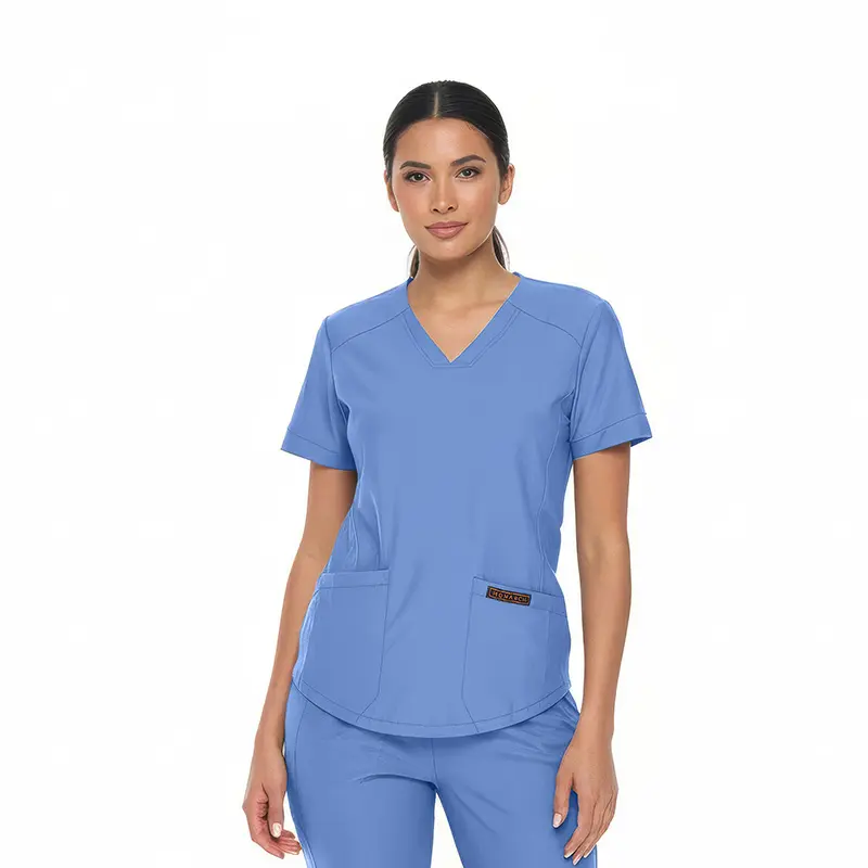 Wholesale women's blue v-neck scrub top with short sleeves and front pockets