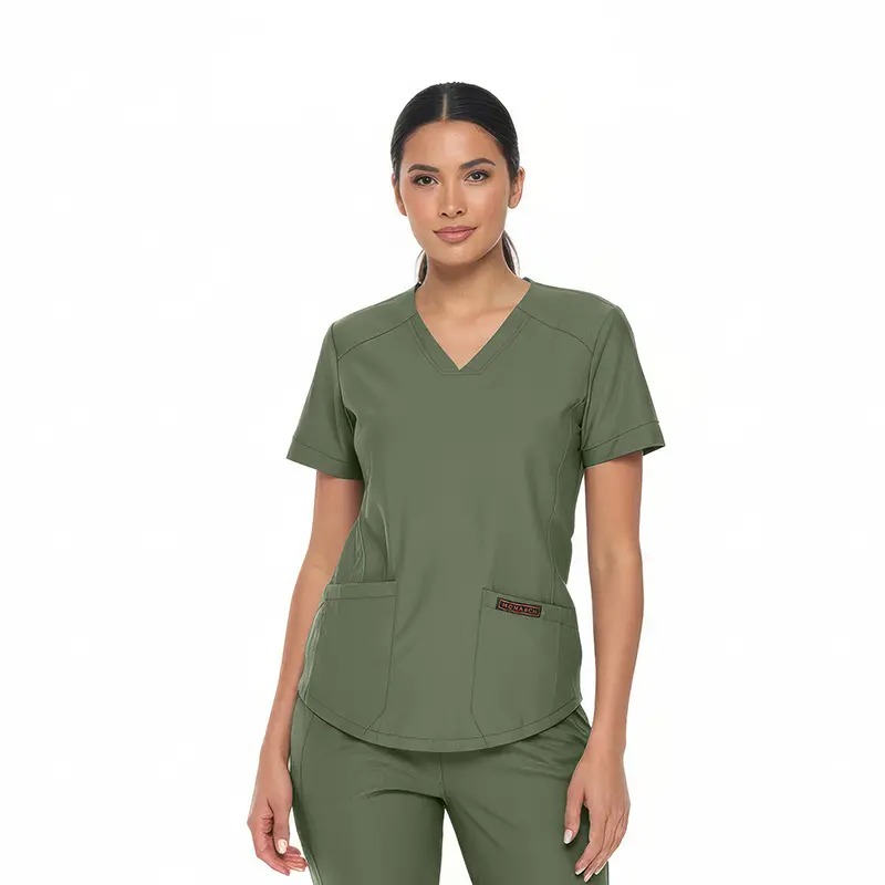 Wholesale women's olive green v-neck scrub top with short sleeves and front pockets