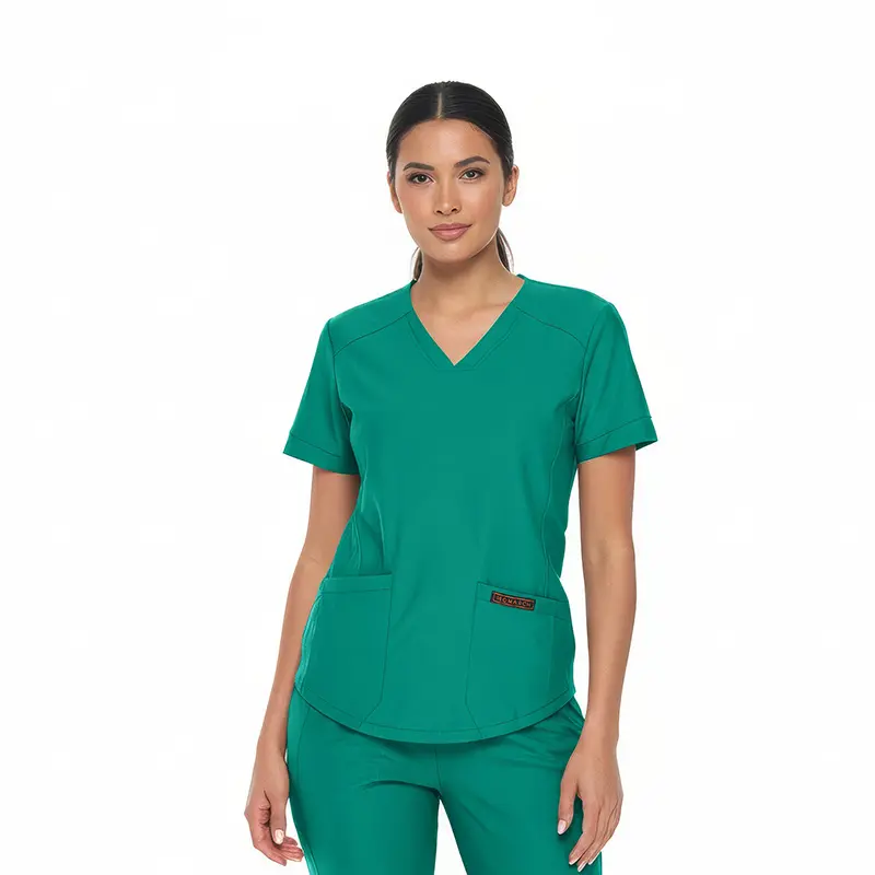 Wholesale women's green v-neck scrub top with short sleeves and front pockets