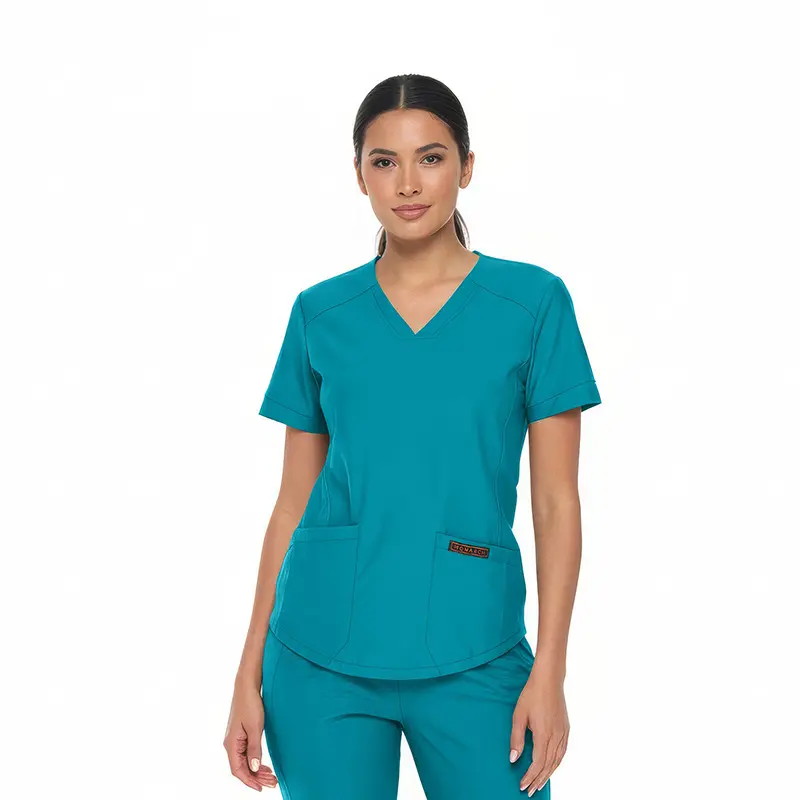 Wholesale women's teal v-neck scrub top with short sleeves and front pocket detail