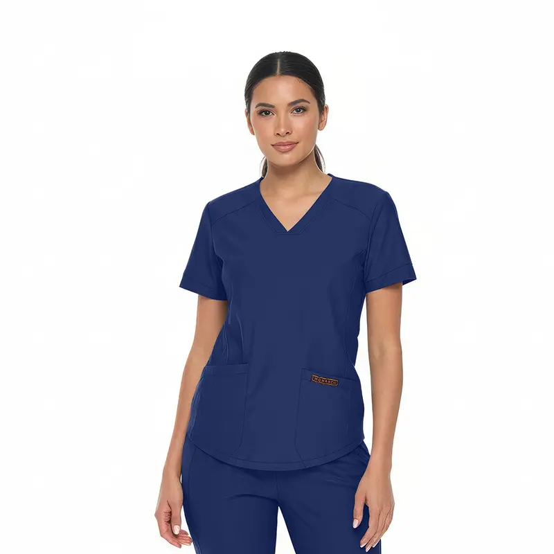 Wholesale women's navy blue v-neck scrub top with short sleeves and front pockets