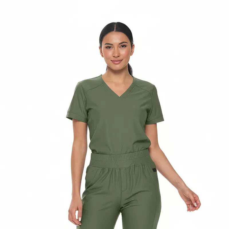 Wholesale women's olive green v-neck scrub top with short sleeves and elastic waistband pants