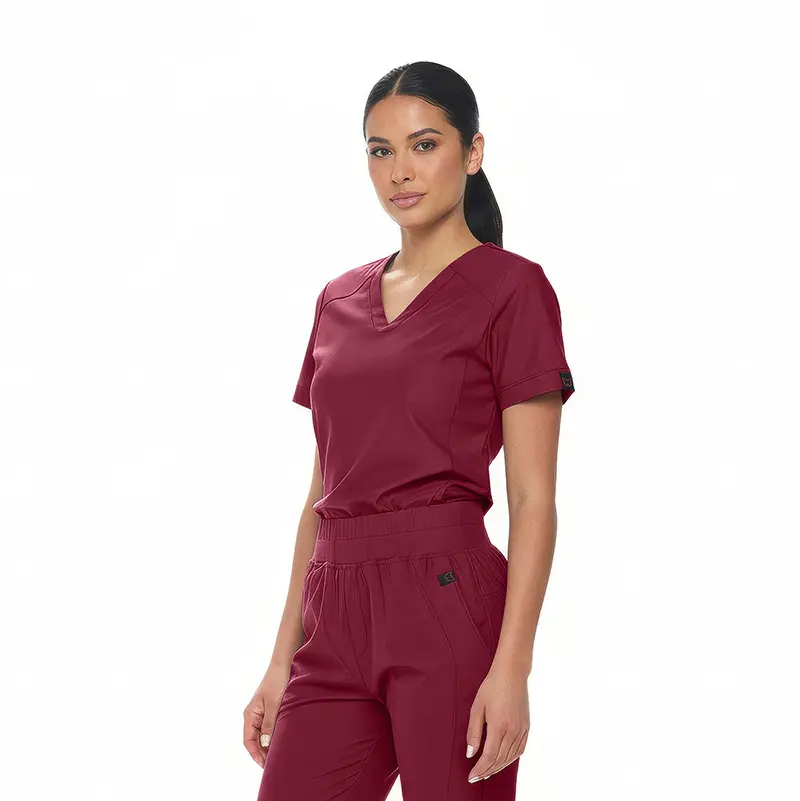 Wholesale women's burgundy scrub set with short sleeve top and elastic waist pants