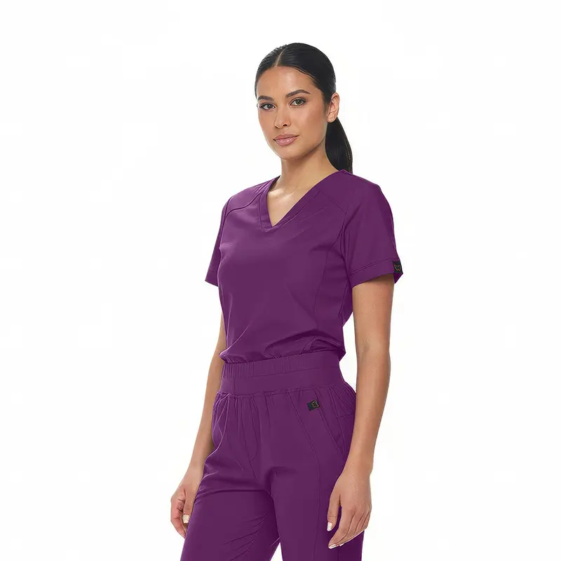 Wholesale women's purple scrub top with v-neckline and short sleeves