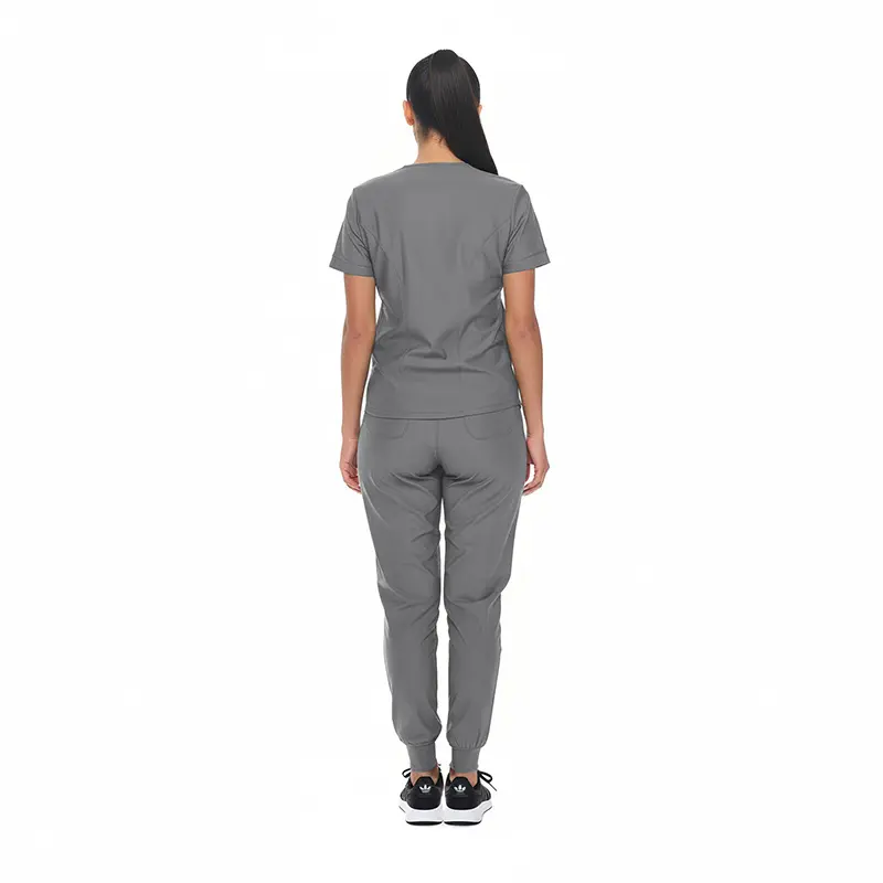 Wholesale women's gray short-sleeve t-shirt and jogger pants set, back view