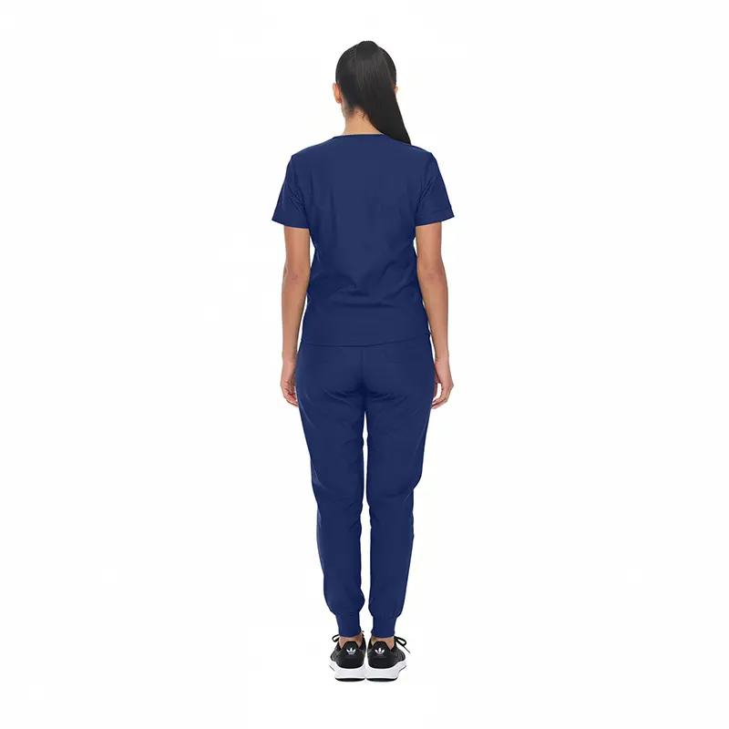 Wholesale women's navy blue short sleeve t-shirt and jogger pants set, back view