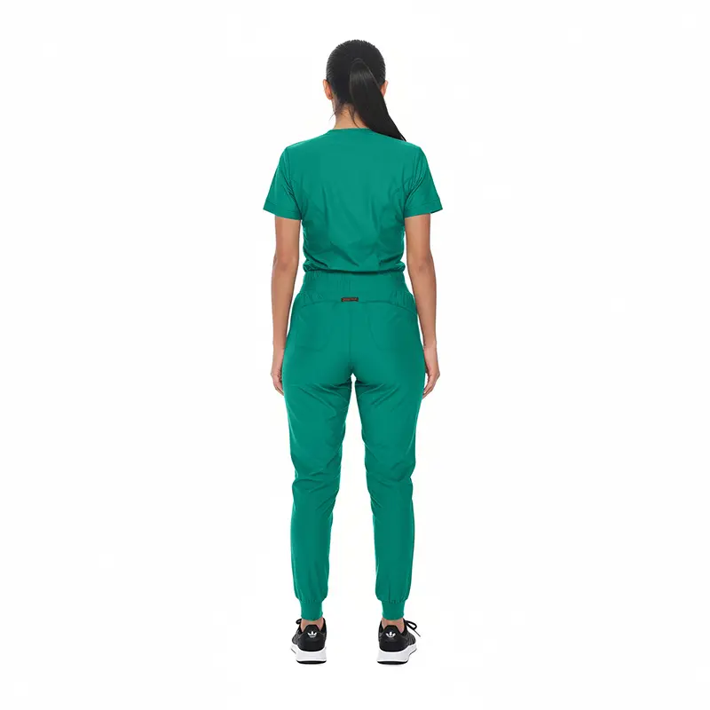 Wholesale women's green short-sleeve t-shirt and jogger pants set, back view