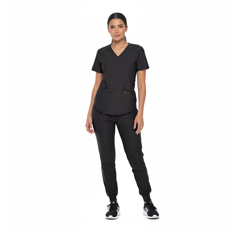 Wholesale women's black v-neck scrub top with short sleeves and matching black jogger pants