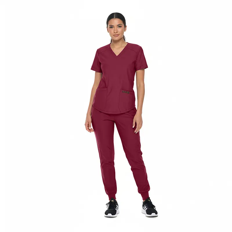 Wholesale women's burgundy scrub set with short-sleeve top and jogger pants