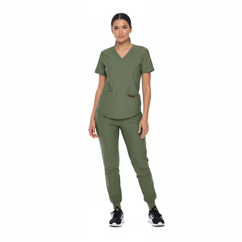 Wholesale women's olive green v-neck scrub top and jogger pants set with pockets