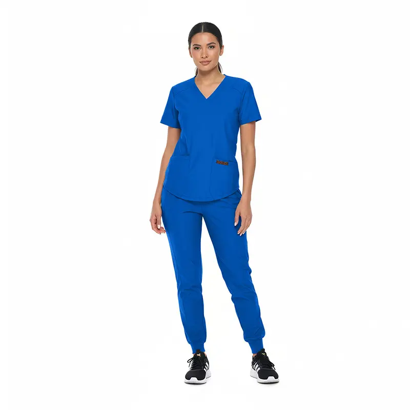 Wholesale women's blue v-neck scrub top and jogger pants set with short sleeves