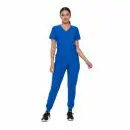 Wholesale women's blue v-neck scrub top and jogger pants set with short sleeves