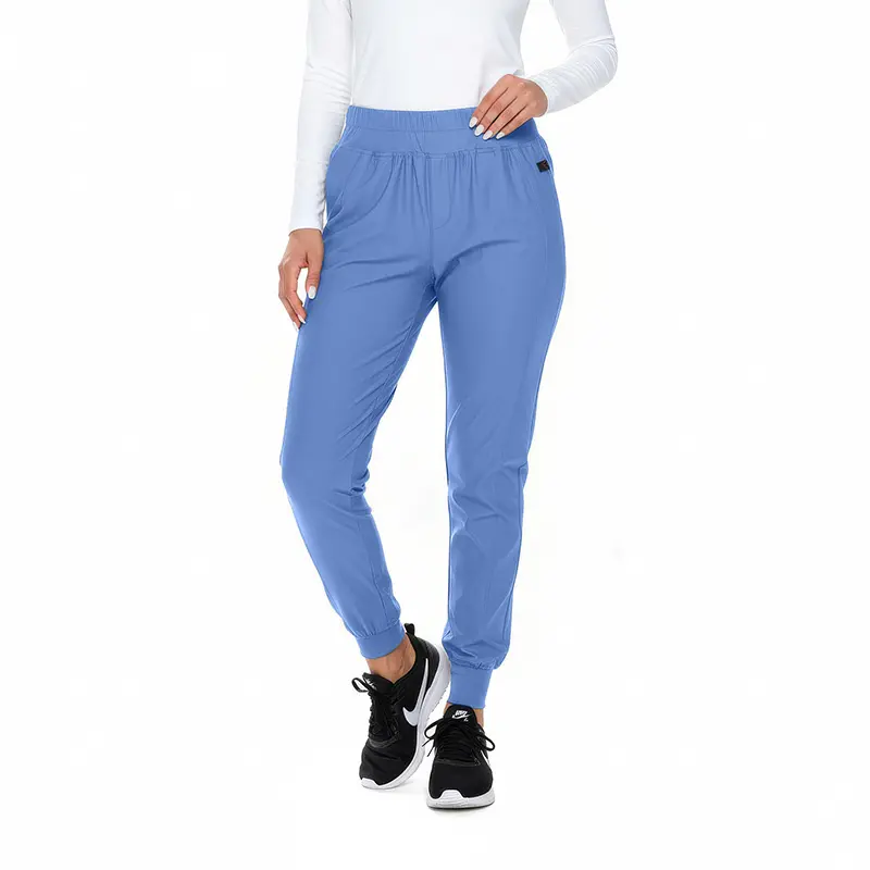 Wholesale women's blue jogger pants with elastic waistband and cuffed ankles