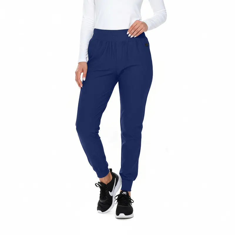 Wholesale women's navy blue jogger pants with elastic waistband and cuffed ankles