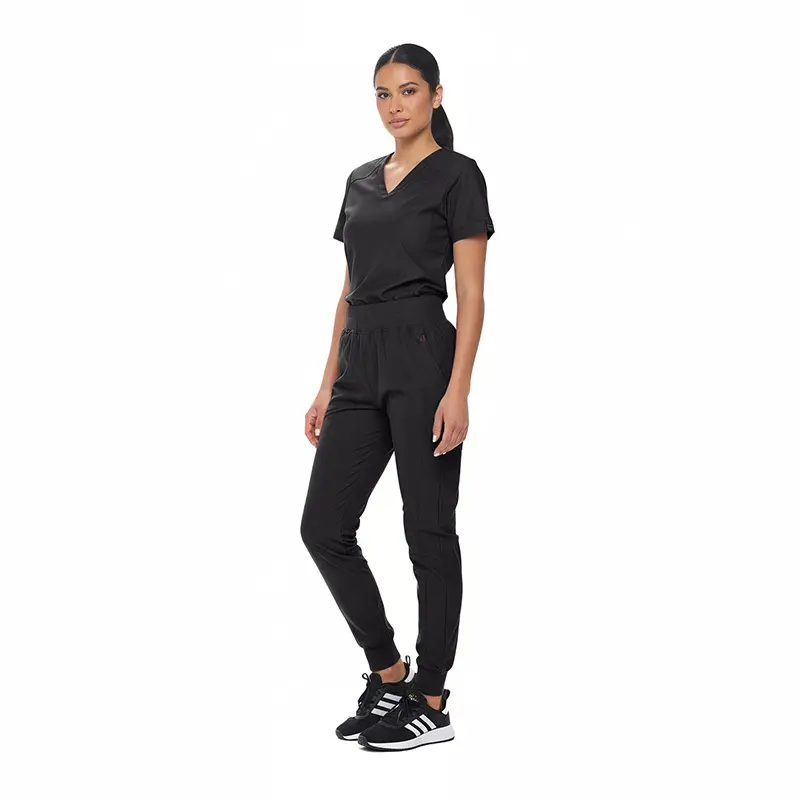 Wholesale women's black v-neck short-sleeve top and jogger pants set with athletic sneakers