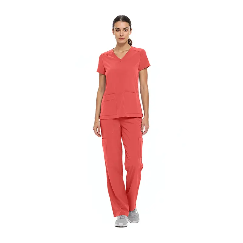 Wholesale women's coral v-neck scrub top and cargo pants set with short sleeves