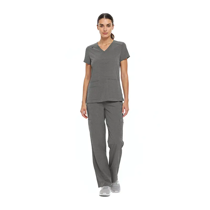 Wholesale women's gray v-neck t-shirt and cargo pants set