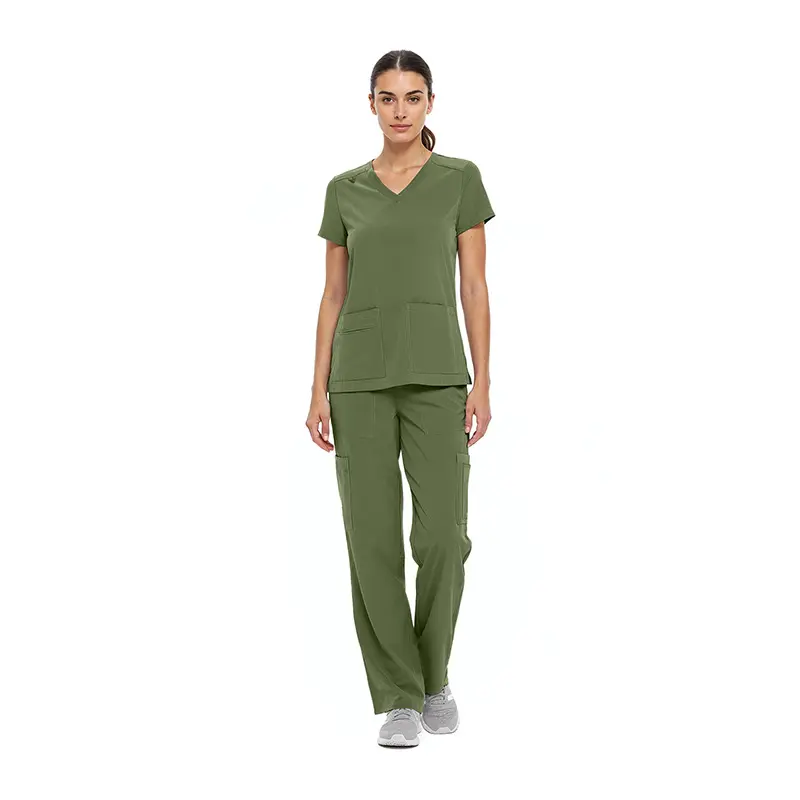 Wholesale women's olive green v-neck scrub top and cargo pants set