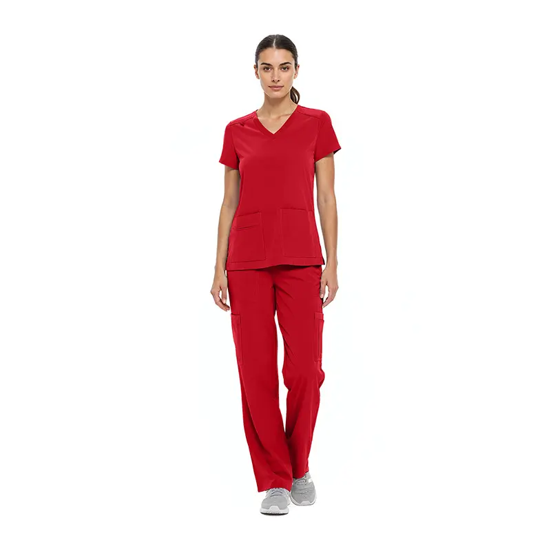 Wholesale women's red v-neck scrub top and cargo pants set with short sleeves