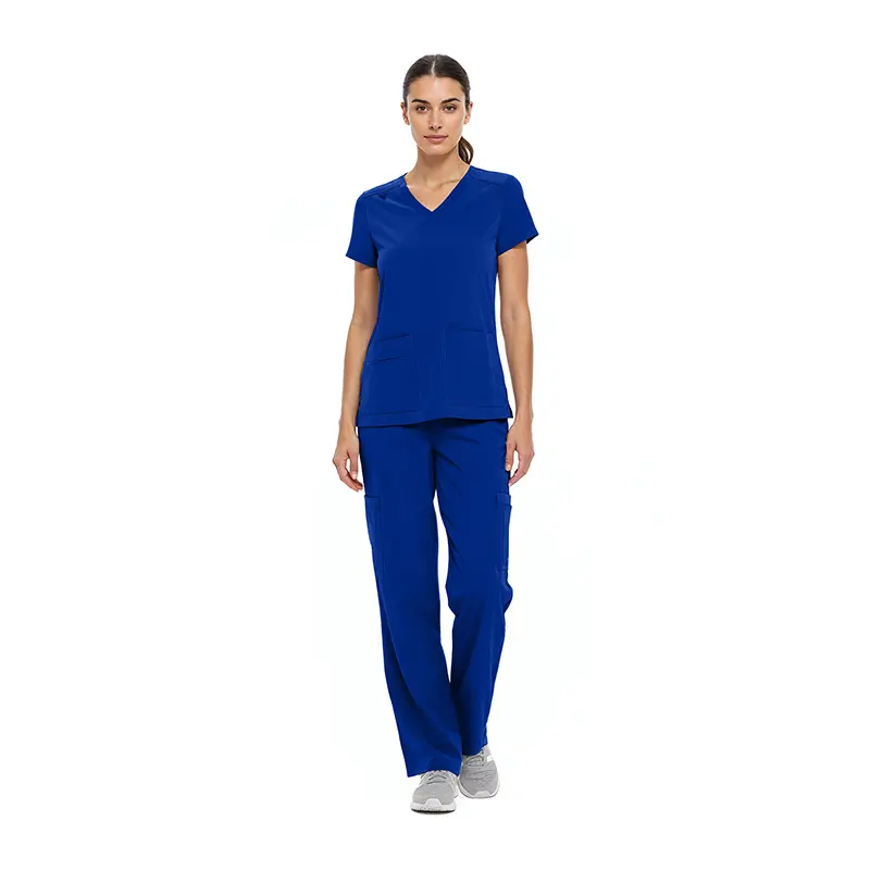 Wholesale women's royal blue scrub set with v-neck top and straight-leg pants with cargo pockets