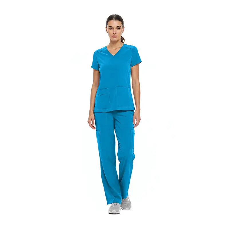 Wholesale women's blue v-neck scrub top and cargo pants set