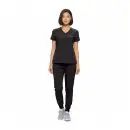 Wholesale women's black v-neck scrub top with short sleeves and front pockets paired with black jogger pants