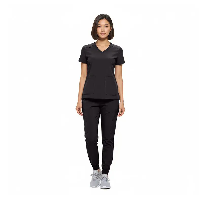 Wholesale women's black v-neck scrub top with short sleeves and front pockets paired with black jogger pants