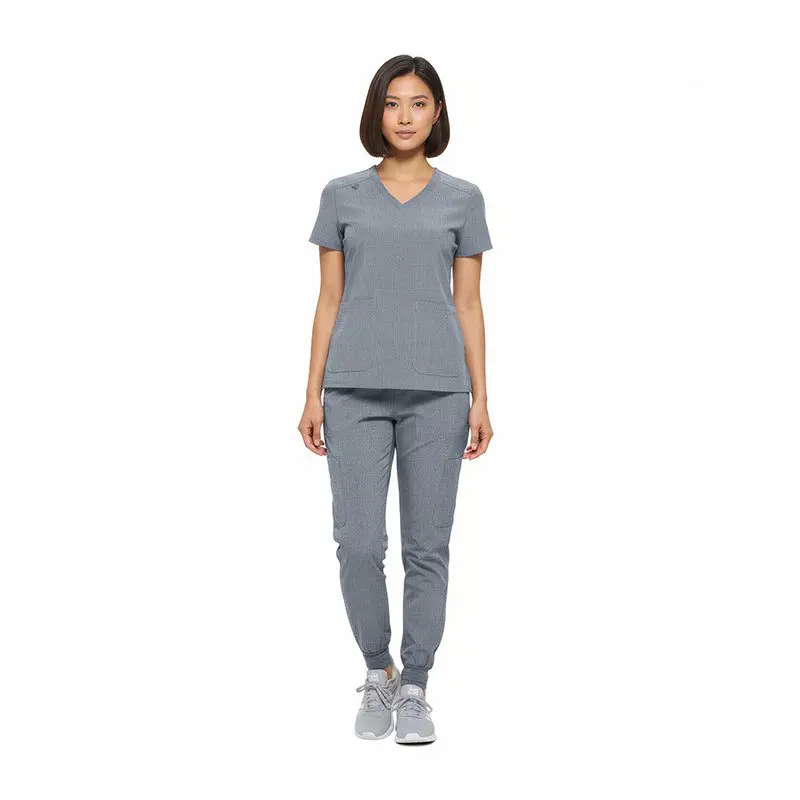 Wholesale women's gray v-neck short-sleeve t-shirt and jogger pants set