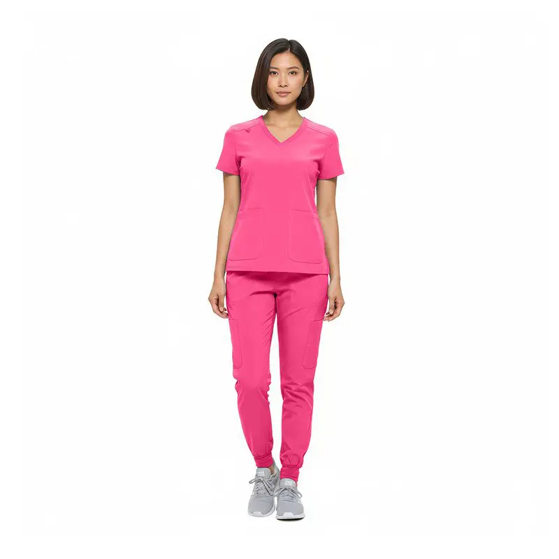 Wholesale women's hot pink v-neck scrub top and jogger pants set with cargo pockets