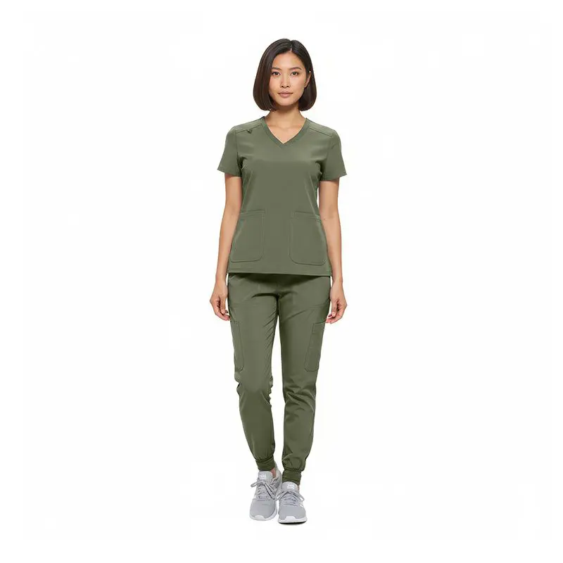 Wholesale women's olive green scrub set with v-neck top and jogger pants with cargo pockets