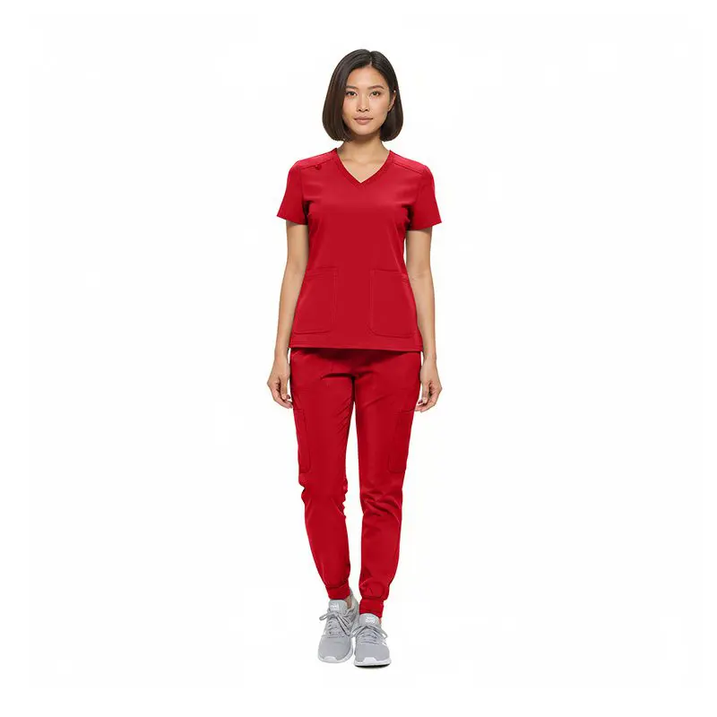 Wholesale women's red v-neck scrub top and jogger pants set with short sleeves and pockets