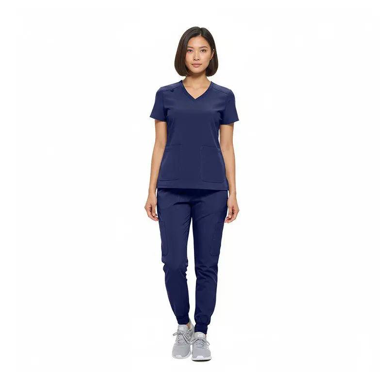 Wholesale women's navy blue v-neck scrub top with short sleeves and cargo pants set